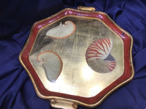 VIETRI FLORENTINE GOLD lacquer WOOD TRAY nautilus shell motif HANDLES beautiful! - Picture 3 of 12