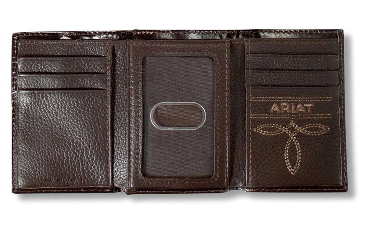 Ariat Western Mens Wallet Trifold Leather Basketweave Cross Brown  