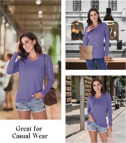 Women's Long Sleeve UPF 50+ Quick Dry Workout Tee V-Neck - Picture 3 of 56