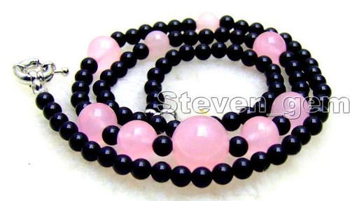 6-12mm Pink Jade Pendant Necklace for Women with 4mm Black Agate Chokers 18" - Picture 5 of 6