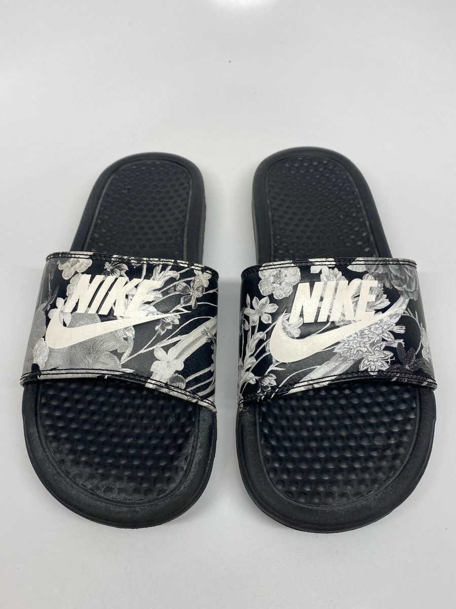 NIKE Benassi JDI Floral Print B&W Slides Sandals Womens 6 #618919-020