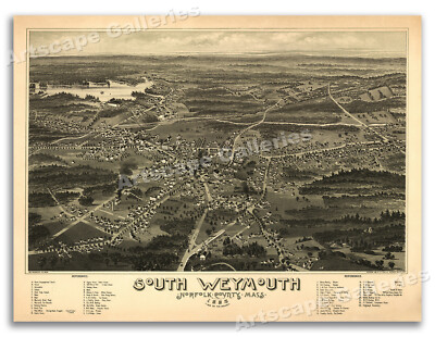 1885 South Weymouth Massachusetts Vintage Old Panoramic City Map - 24x32