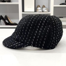CHANEL Newsboy CC Coco Tweed Black Silver 5.5cm 4cm Cotton Ladies Authentic