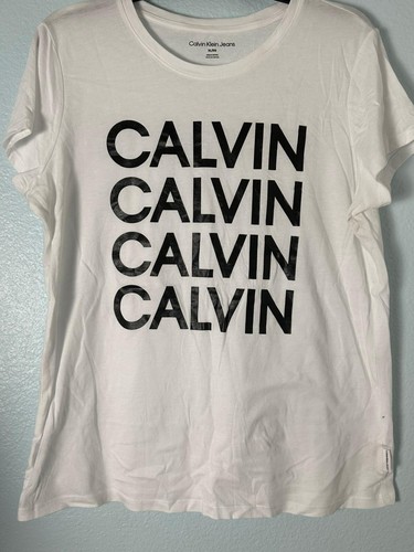 Calvin Klein Shirt Mens XL White Spellout Logo Streetwear Short Sleeve Tee