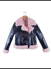 Biba Leather Black Jacket Size 10uk Faux Fur Pink Collar Womens Ladies Coat New