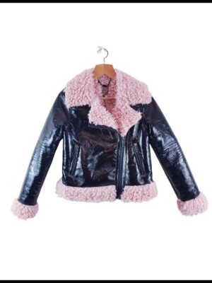 Biba schwarze Lederjacke Größe 10 UK Kunstfell rosa Kragen Damen Ladies Mantel neu