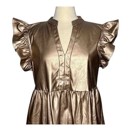 Entro Tiered Faux Leather Mini Dress Ruffle Sleeve Party Gold Size Large - Picture 5 of 12