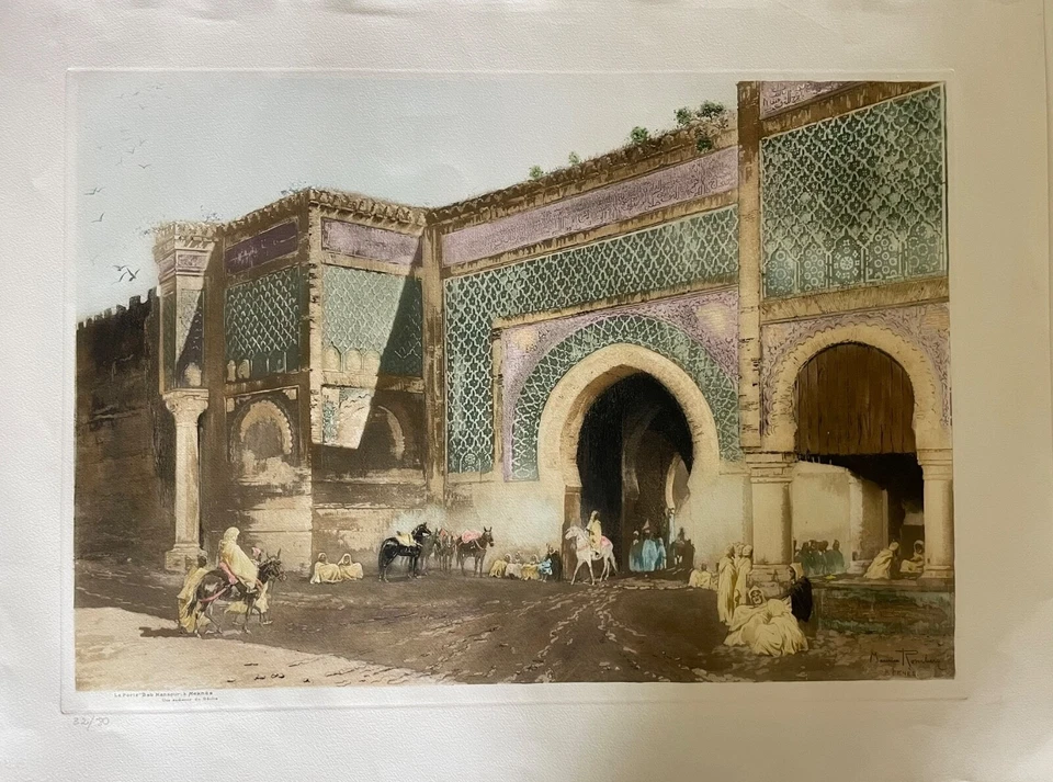 Aquatinte orientaliste, signée Maurice Romberg "Porte Bab Mansour" Meknès Maroc - Photo 2/4
