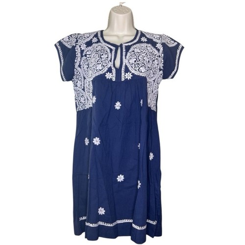 Dolma Ava Tunic Dress Navy Blue and White Embroidered Peasant Boho Small