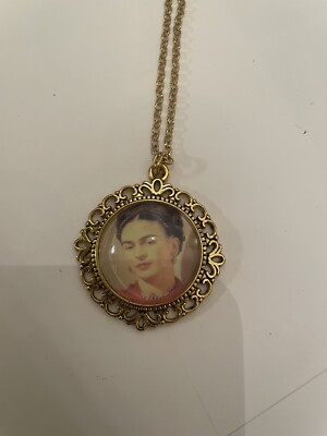 Retro Frida Kahlo Yellow Bloom Gold Filigree Pendant Necklace
