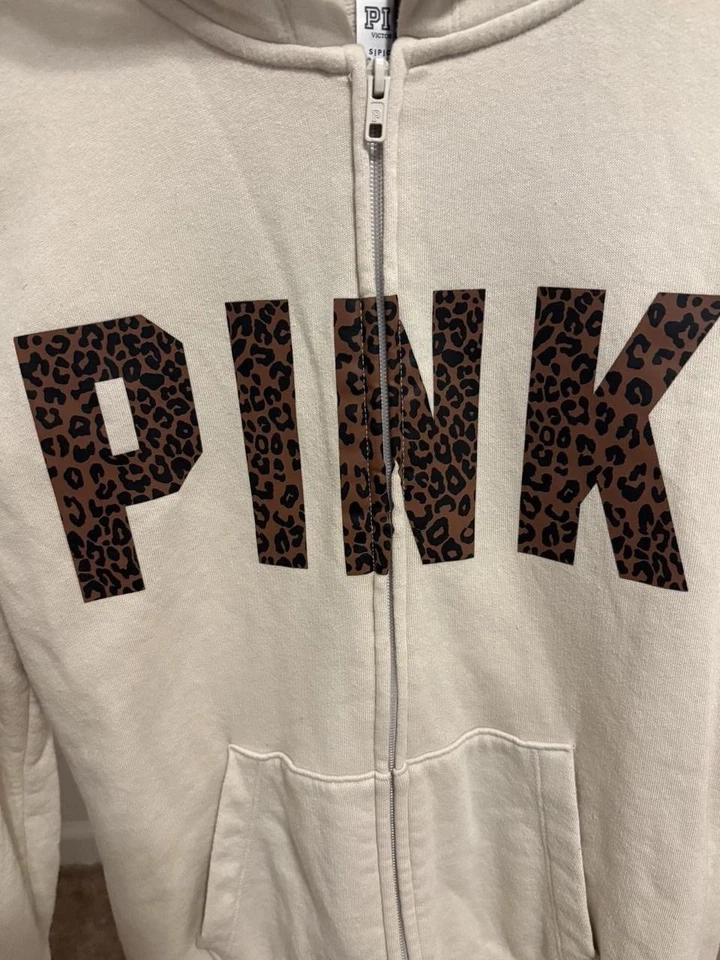 Sudadera con capucha rosa para mujer con estampado de leopardo crema, talla pequeña Foto 2 de 4