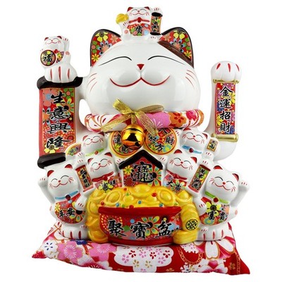 Glückskatze Maneki-Neko Familie Porzellan 30cm weiß winkende Katze Lucky cat