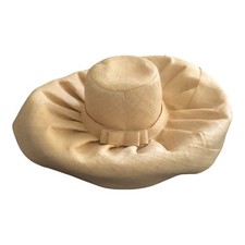 Vintage Natural Beige Wide Brim Sinamay Hat with Ruffled Brim And Bow