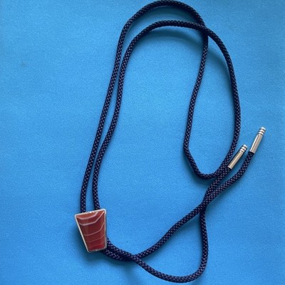 Men's Western Adjustable Bolo Tie Blue Cord Silver Tone Brown Agate READ