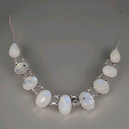 Dazzling 925 Silver Moonstone Necklace - Oval & Pear Cut, 18" Handmade 4443 - Picture 9 of 19