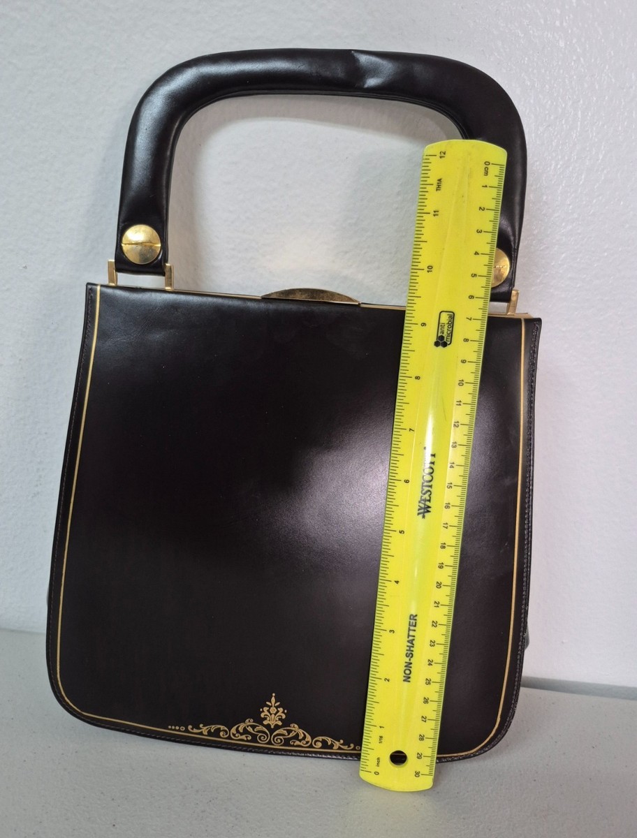 Vtg 60s Black Leather Top Handle Frame Bag – Gold Scroll - Clasp