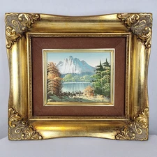 Vintage Mountain Lake Landscape Scenic Oil Painting – Framed 9" X 8" D5