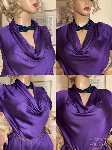 HIGH GLOSS LIQUID SATIN Draped Cowl Silky Sexy Secretary Mistress Tunic Blouse L - Picture 2 of 24