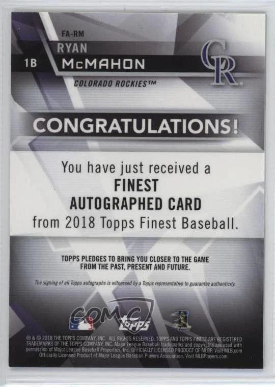 2018 Topps Finest Green Wave Refractor /99 Ryan McMahon #FA-RM Rookie Auto RC - Image 2 of 2