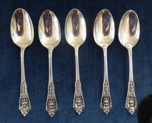 5 Wallace ROSE POINT Sterling Silver Teaspoons - 6" NO MONO - Mint 4 oz
