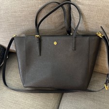 Tory Burch Emerson Small Top Zip Tote Black Leather Bag Crossbody Excellent Cond