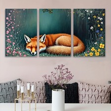 3pcs Frameless Canvas Wall Art - Sleeping Fox in Nature Triptych, Spray-Painted