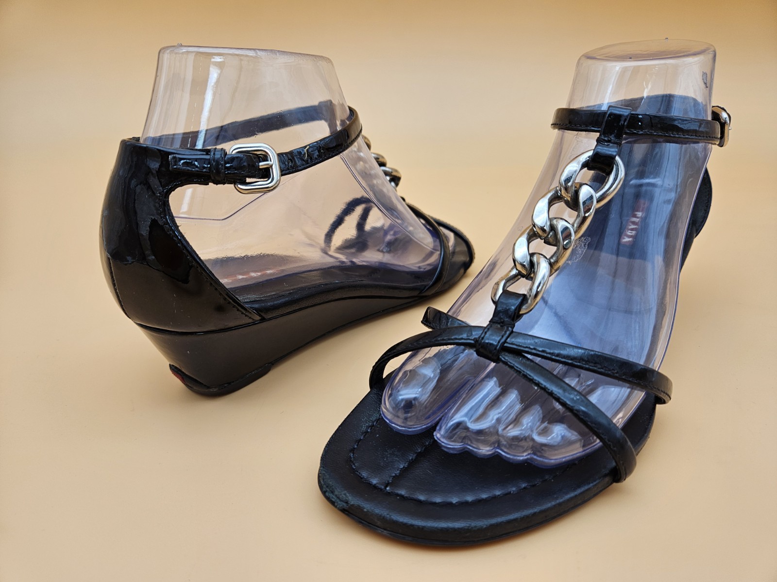 Prada Patent Leather Wedge Sandals Chain Detail M… - image 1