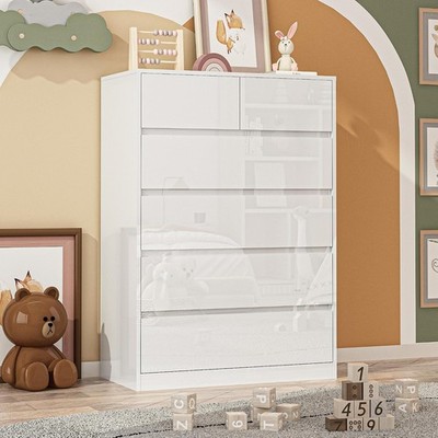 White Malm Dresser Bedroom 45'' Tall 32'' Wide Full High Gloss Dresser W/ 6 Drawer