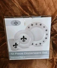 Fleur de Lis Dinnerware Set Complete 12- Piece Service For 4 New Sealed