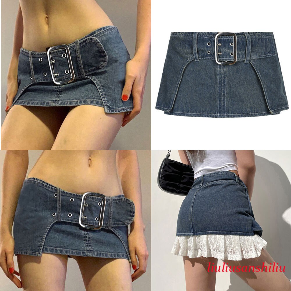 Women Summer Y2K Denim Skirt Belted Low Waist Micro Mini Skirt Aesthetic Clothes