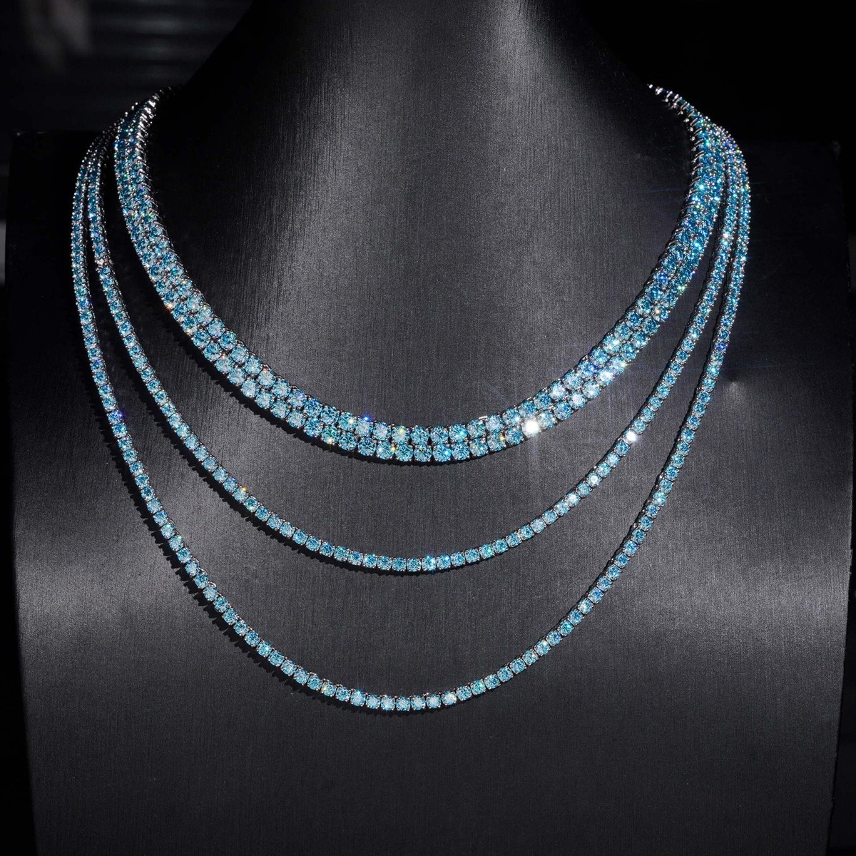 Real Blue VVS MOISSANITE Tennis Chain Necklace - 925 Sterling