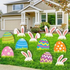 12 PCS Easter Yard Sign Decorations Outdoor, Easter Bunny Eggs Yard Signs wit...