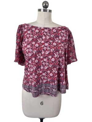 Lucky Brand Top Womens Large Red Floral Flutter Sleeve Open Back Boho Hippie