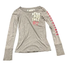 Womens Aeropostale 87 Logo Long Sleeve Gray T-shirt Tee Size Small