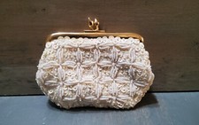Vintage 50s Ivory Sequin Beaded Change Coin Purse Handmade Hong Kong 5x3