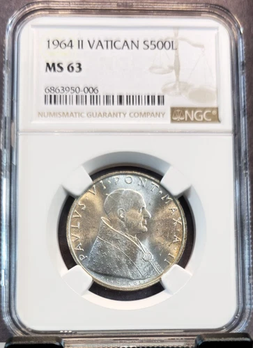 1964 VATICAN SILVER 500 LIRE POPE PAUL VI NGC MS 63 NICE LUSTER