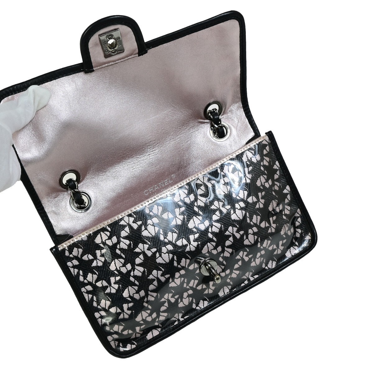 CHANEL CC Black Lace Star Chain Shoulder Bag Vinyl Leather CHANEL CC Black Lace Star Chain Shoulder Bag Vinyl Leather