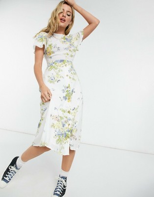 NEW WAREHOUSE BONNIE ROSE FLORAL TIE BACK MIDI DRESS CASUAL SUMMER LOOK UK  16 | eBay UK