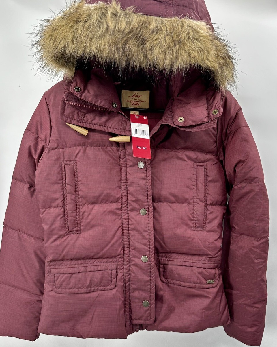New LEVI'S Burgundy Wine Hooded Down Padded Puffer Jacket Coat Size Small  NWT