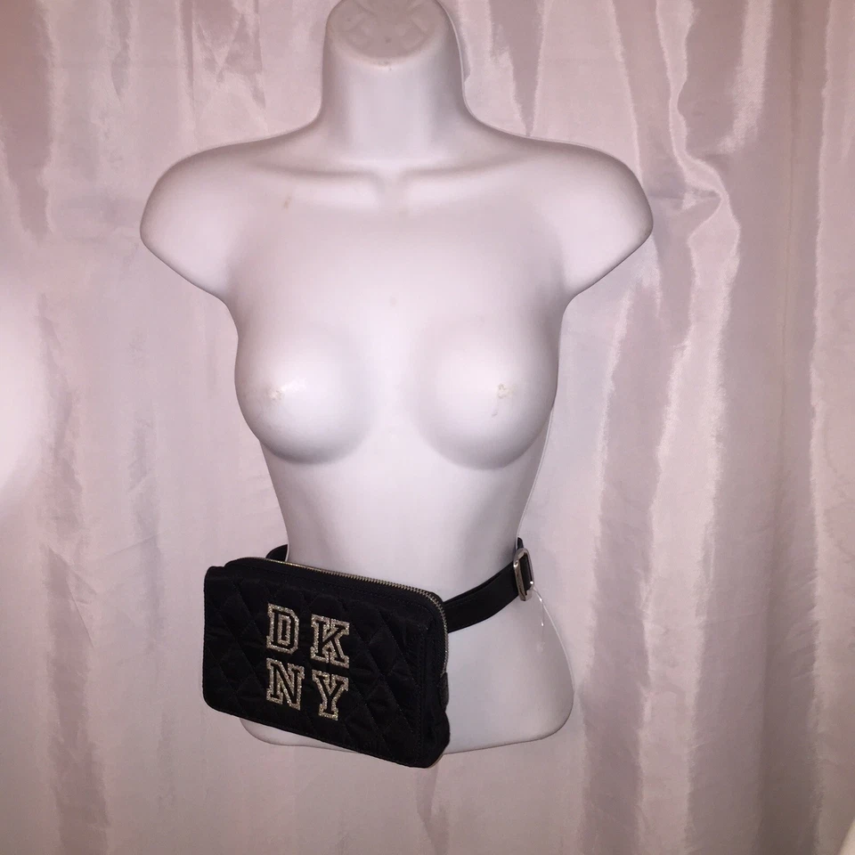 NUEVO SIN ETIQUETAS Auténtico DKNY Donna Karan Diseñador Acolchado Satén y Cuero BOLSO CINTURÓN Riñonera Foto 3 de 4