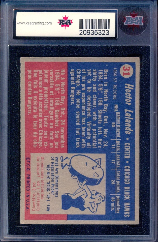 1957-58 TOPPS HOCKEY #31 Hec Lalande Rookie KSA Graded 7 NM Chicago Black Hawks - Image 2 of 2
