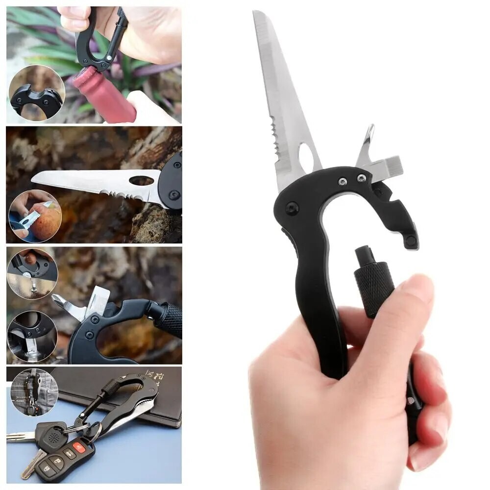 Compact Multi-Tool Carabiner with Knife Screwdriver for Camping Hiking Survival