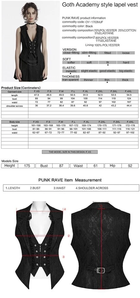 Punk Rave Women Black Gothic Academy Style Patterned Lapel Vest Silm WaistCoat - Image 2 of 4