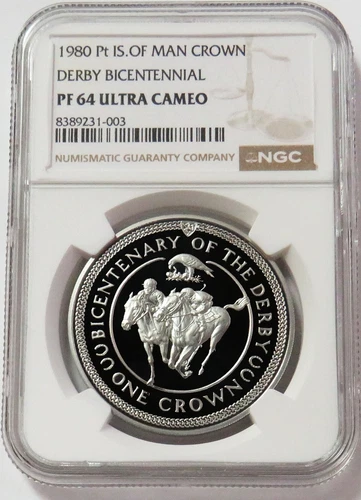 1980 PLATINUM ISLE OF MAN CROWN 500 MINTED 1.58oz  DERBY BICENT NGC PROOF 64 UC