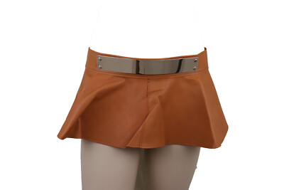 Women Beige Faux Leather Wrap Around Skirt Tie Belt Gold  display picture 1