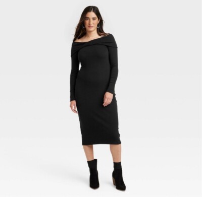 green midi dress bodycon Midi Bodycon DRESS STARRY Black with Low Neckline L / Black