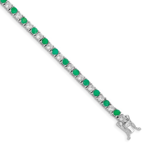 Sterling Silver Rhodium-plated Emerald & White Topaz Tennis Bracelet 7" 10.25gm