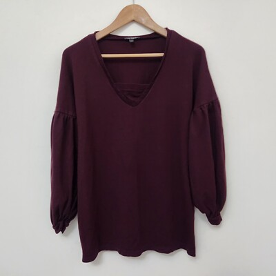 EXPRESS Women's Purple V-Neck Blouse Top Balloon Sleeves