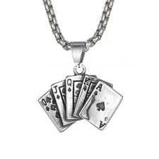 Mens Unisex Stainless Steel Retro Poker Card Tag Pendant Chain Necklace 22"