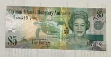 Cayman Islands 5 Dollars (2010) - QEII/Parrots/p39a,  D/1 UNC Low Serial 006419